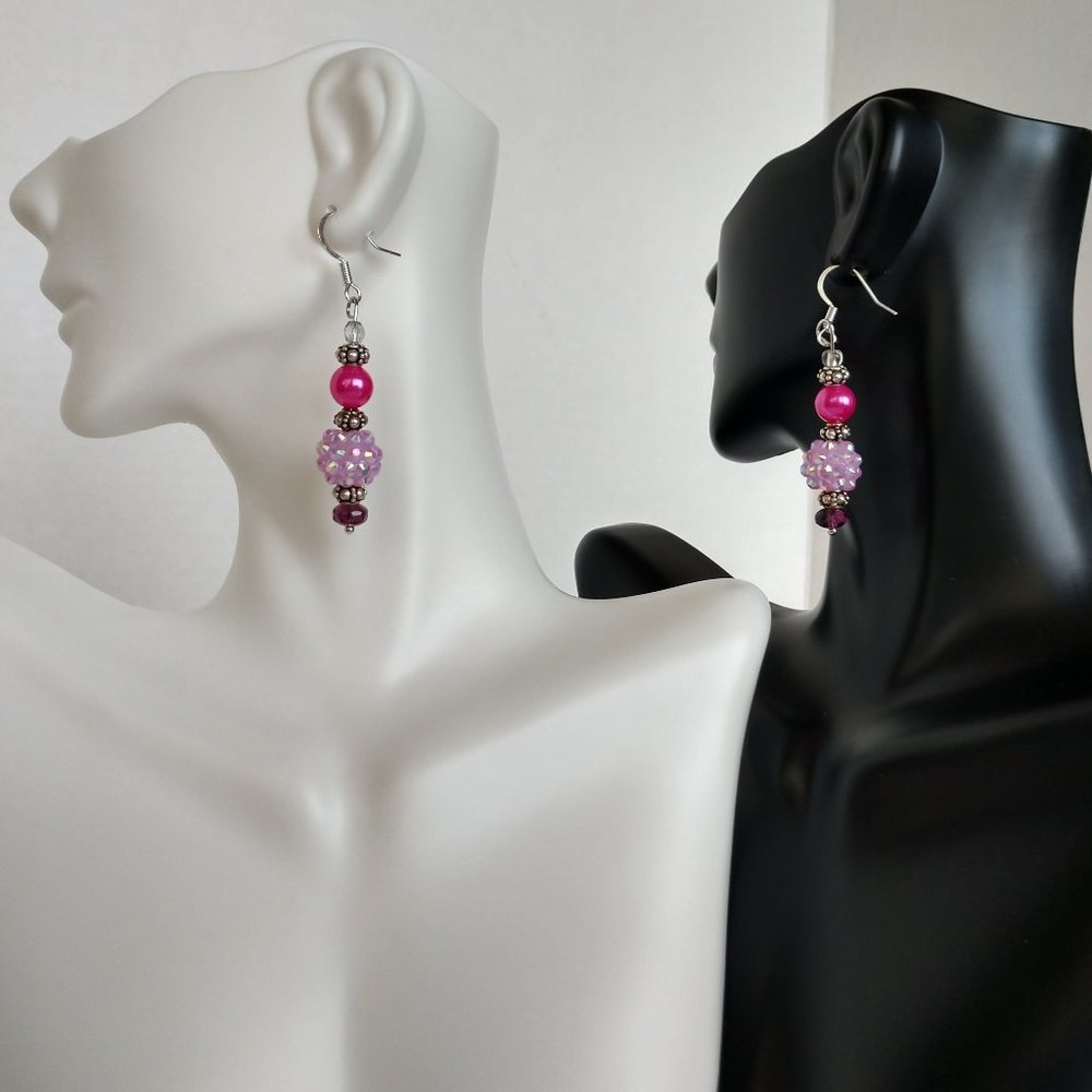 Pink Beaded Earrings With Pink and Purple Beads and Pink Cluster Beads 2.25 Inch